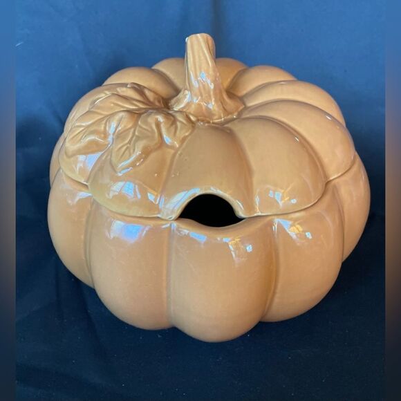 Golden Orange Pumpkin Shaped Soup Tureen & Lid 64 oz Soup or Cider EPC - Picture 2 of 10